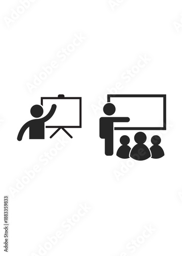 A clean minimalist icon set showing an instructor presenting on a whiteboard to a group for professional development.