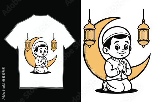 Ramadan Mubarak T-shirt Design with Cartoon Muslim Boy Praying and Mosque