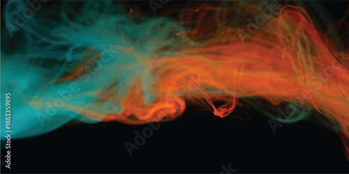 Vibrant blue and orange swirling smoke explosion on black background abstract art