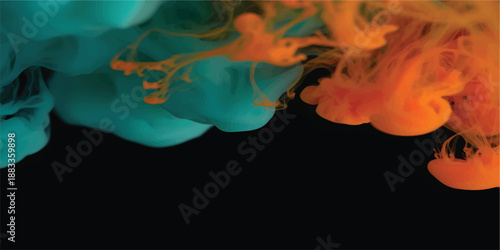 Vibrant blue and orange swirling smoke explosion on black background abstract art