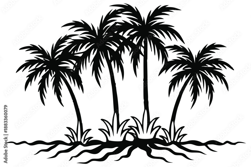 Fototapeta premium Black Silhouette Three Palm Trees on Wavy Ground Minimalist Line