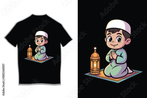 Ramadan Mubarak T-shirt Design with Cartoon Muslim Boy Praying and Mosque