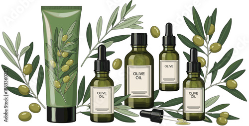 Olive Oil Cosmetic Packaging Vector Set with Bottles, Dropper, Cream Tube, and Olive Branch Elements for Natural Beauty and Skincare Branding Designs