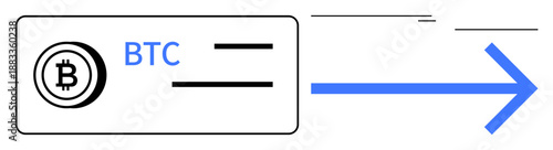 Bitcoin symbol with BTC text on a digital card connected to a right-facing blue arrow. Ideal for cryptocurrency, blockchain, online payment, digital transfer, fintech, e-commerce, investment simple