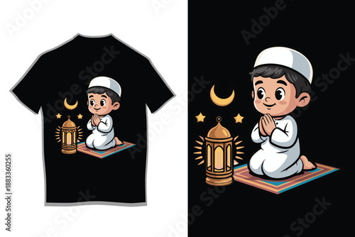 Ramadan Mubarak T-shirt Design with Cartoon Muslim Boy Praying and Mosque