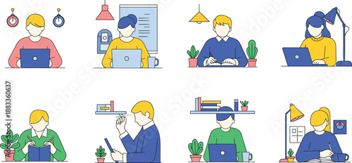 People working and studying at desk illustration set showing remote work, learning, writing, and productivity scenes in modern flat vector style