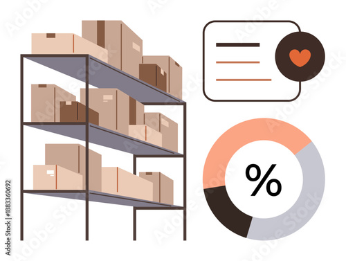 Logistics, inventory management, shipping, analytics, online retail, warehouse organization. Shelves with boxes, pie chart and a bubble icon. Logistics and inventory management concept