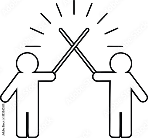 Glowing vr sword duel line art vector illustration on transparent background