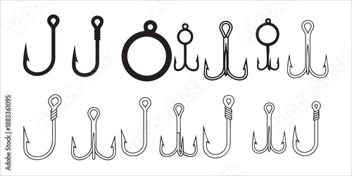 Fishing Hook Icons Vector Set - Single, Double, and Treble Fish Hook Illustrations