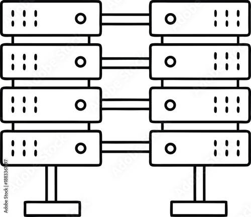 High tech data server rack line art vector illustration on transparent background