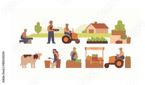 Local organic farm production with farmers animals and crops flat cartoon vector illustration set