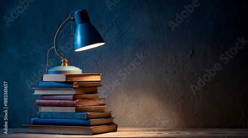 Illuminating knowledge classic books stacked under a lamp with ambient lighting