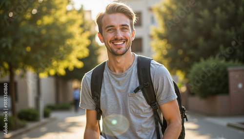 Happy male student walking on campus with backpack in sunlight  