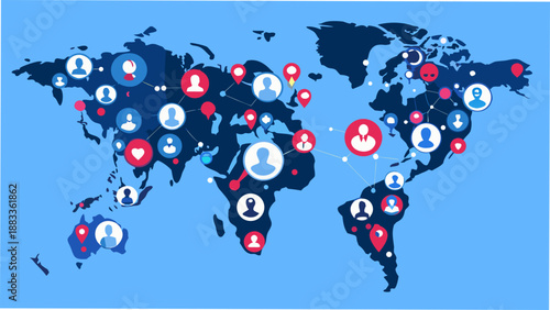 a world map illustration featuring interconnected user icons representing global communication