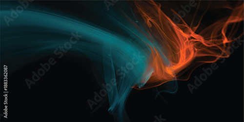 Orange, cyan smoke creates abstract texture on black, ideal for backgrounds, posters, and branding.
