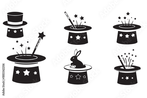 Magician Hat and Magic Wand Vector Set - Rabbit in Hat, Stars, and Illusionist Show Icons