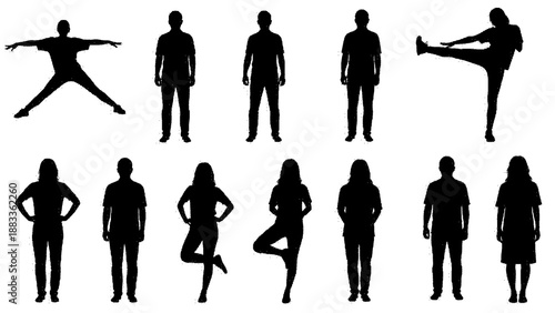 Collection of black silhouettes of people in various poses