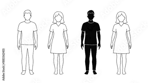 Black and white pixelated people standing in a row