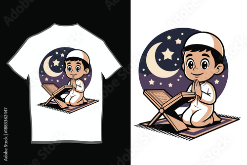 Ramadan Mubarak T-shirt Design with Cartoon Muslim Boy Praying and Mosque