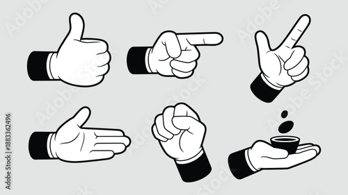 Cartoon hands vector, six white glove hand gestures including thumbs up, pointing, open palm, and fist, isolated, comic-style illustration, expressive vector graphics for creative and digital design.