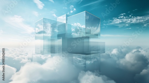 Ethereal architecture: Translucent cubes floating amongst a serene sky and cloudscape