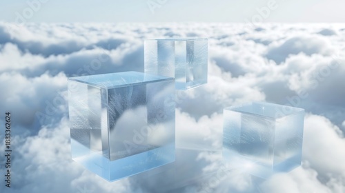 Abstract crystal cubes installation against cloudscape backdrop, ethereal modern art rendering