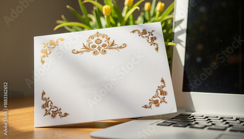 Elegant blank envelope with gold decorative elements on desk  