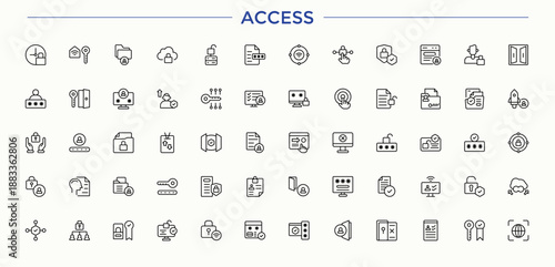 Access line icon set. Featuring id, identification, key, security and more. Access Control icon set. Outline icons pack. Vector illustration in modern line style.