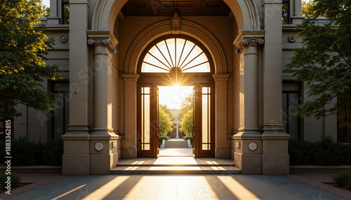 Architectural archway with sunlight illuminating campus pathway  