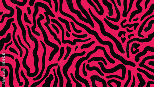 Bold seamless animal print pattern featuring black zebra-like stripes over a vibrant hot pink background for textile design.