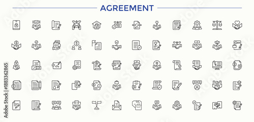 Agreement linear icon collection. Modern thin line style icons. Featuring check, consensus, approval, settlement, team, deal. Editable stroke collections. Consensus vector icon set.