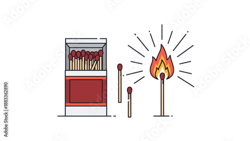 Graphic illustration of a matchbox with multiple matches and one individual match burning with a bright flame.