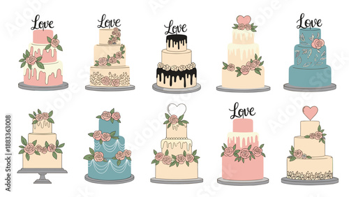 Set of ten elegant multi-tiered wedding cakes decorated with intricate floral arrangements and celebratory love toppers.