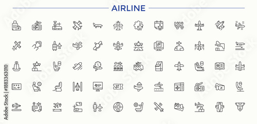 Airline line icon set. Minimal icons collection. Air Bus icon set. Includes thin line symbols air, air bus, transport, airport, ticket and more.