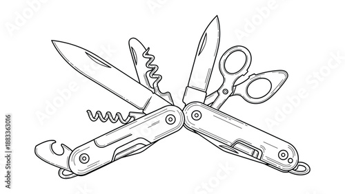 Detailed line art illustration of an open multi-tool pocket knife showing various blades scissors corkscrew and bottle opener.