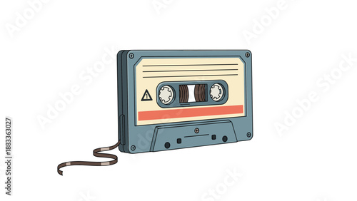 Nostalgic blue audio cassette tape illustration with a blank label and magnetic tape spilling out from the bottom edge.