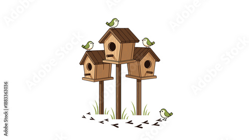 Group of three wooden birdhouses on tall poles with several small green birds perched on the roofs and ground footprints.