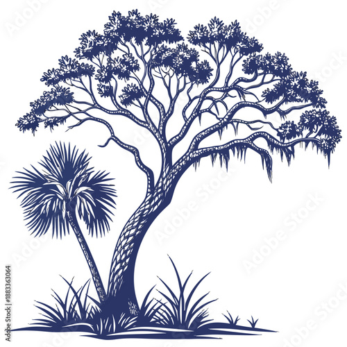 Palm Tree Tropical Landscape Illustration – Vintage Nature Scene in Green Line Art