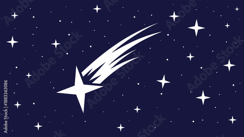 Deep blue night sky filled with many small white stars and a prominent bright shooting star or comet with multiple tails.