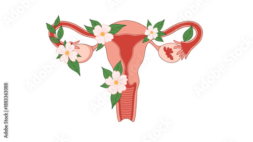 Anatomical illustration of the female reproductive system artistically decorated with blooming white flowers and green leaves.