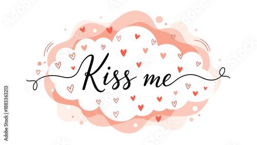 Decorative kiss me lettering centered on a soft pink watercolor cloud background filled with many small floating hearts.