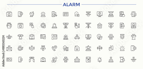 Alarm vector line icon set. Includes symbols for alert, clock, notification and more. Clock line icon set. Minimalist icons collection. Pixel perfect. Editable vector.