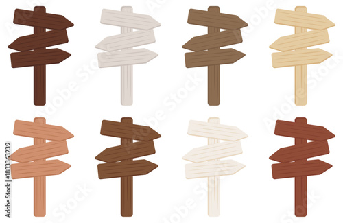 Set of brown wooden signs isolated on white background. Vector signposts collection. Different colors of wood.  Elements for design, illustration