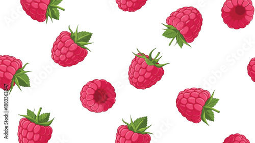 Seamless wallpaper pattern of juicy pink raspberries with green leaves scattered randomly on a solid white background.