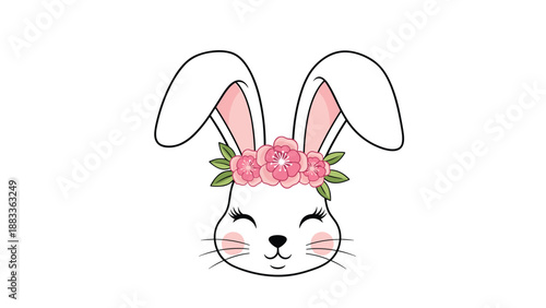 Adorable white bunny head illustration wearing a crown of bright pink flowers and green leaves with a friendly face.