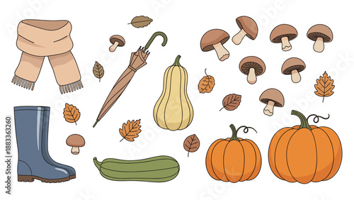 Hand drawn autumn collection featuring warm scarf, umbrella, rain boots, variety of mushrooms, orange pumpkins, and fallen leaves.