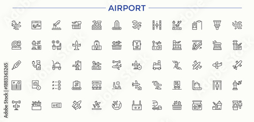 Airport line icon set. Minimalist icons pack. Contains outline symbols like ticket, travel, flight, transport, airplane, plane. Pictogram and infographic. Flight icon collection.