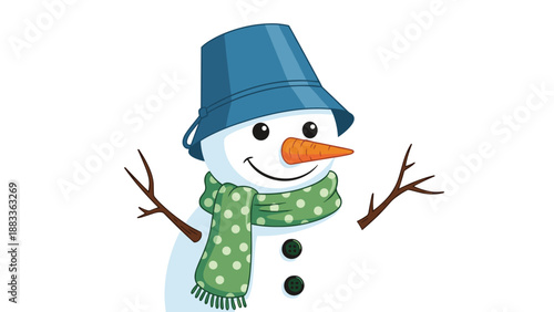 Friendly snowman character wearing a blue bucket hat and a green polka dot scarf with a classic orange carrot for a nose.