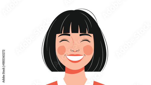 Portrait of a happy smiling girl with short black hair and rosy cheeks featuring a friendly and positive facial expression.