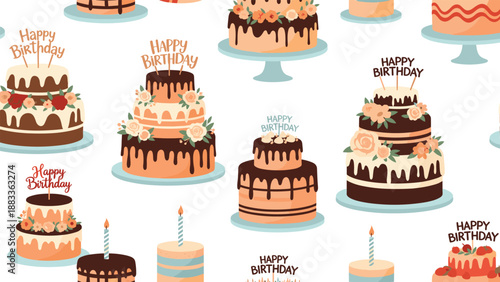 Pattern of various chocolate and vanilla celebration cakes decorated with flowers icing and happy birthday signage.